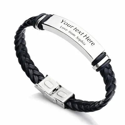 £6.99 • Buy Personalised Mens Leather Bracelet Gift For Dad Daddy Papa Fathers Valentine Day