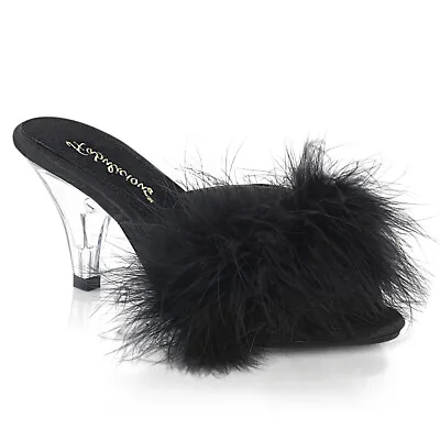 PLEASER Sexy 3  Heel Black Marabou Feather Satin Evening Slippers BEL301F/BPU • $45.95