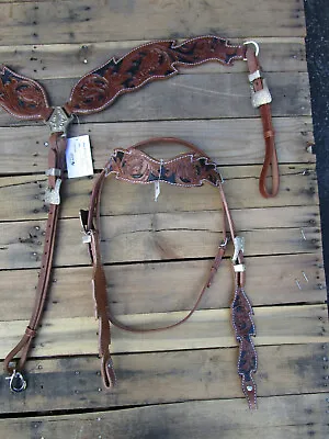 Headstall Breast Collar Western Bridle Horse Trail Pleasure Barrel Leather Tack • $69.98