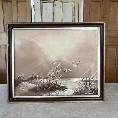 Vintage Oil Painting Seascape Beach Scene Seagulls Signed Hunt? • £35