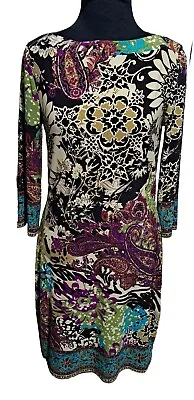 Eci New York Paisley Floral Print Dress Small Brown Purple Stretch Knee Length • $12.95