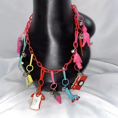 1980’s VINTAGE BELL CLIP CHARM NECKLACE WITH 10 RARE 80’s PLASTIC CHARMS • $58