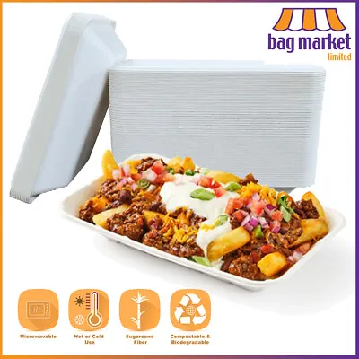 Large Bagasse Chip Food Takeaway Trays - 5  X 9  X 1.5  - Biodegradable C3-Deep • £44.99