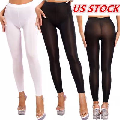 US Women Mid Waist See-Through Mesh Pants Tight Transparent Trousers Stockings • $9.29