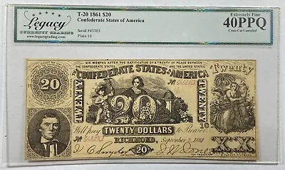 1861 $20 Twenty Dollar Bill Confederate Note T-20 Legacy Ex Fine 40PPQ Cancelled • $303.50