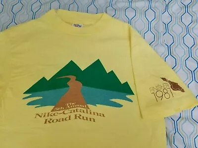 VTG 80s Nike Catalina Road Run T Shirt Yellow Island Race Marathon 1987 Medium • $150