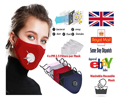 1 Pack Cotton Face Mask Washable Reusable With Breathing Valve + 4 PM2.5 Filters • £3.49