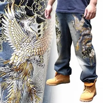 Japanese Embroidered Straight Hip Pop Trousers Mens Jeans Denim Totem Phoenix Sz • $95.30