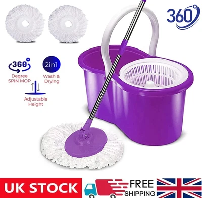 £14.99 • Buy 360° Floor Magic Spin Mop Bucket Set Microfiber Rotating Dry 2 Heads Purple