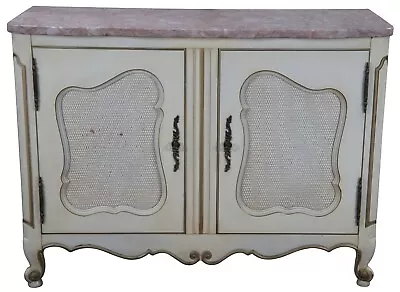 Mid Century French Provincial Serpentine Pink Marble Top Console Cabinet Rattan • $880