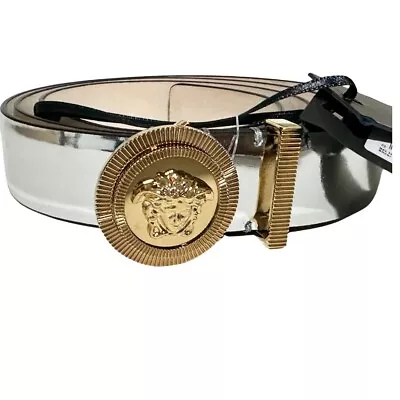 VERSACE Medusa Leather Men's Mirror Belt Silver 110 US 44 • $289.99