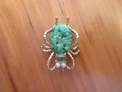 Vintage Signed JOMAZ GREEN FAUX JADE PEKING GLASS BUG INSECT BROOCH PIN • $245
