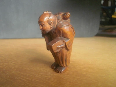 £24.99 • Buy Hand Carved Wood Netsuke Man With Gift And Turtle Collectable Boxwood Figure ..2