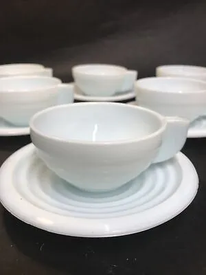 £58 • Buy Vintage French Art Deco Beehive Coffee Cups & Saucers Jade Green Milk Glass X 6