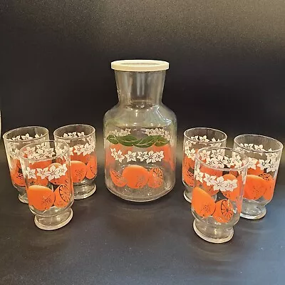 Vintage Anchor Hocking 7 Piece Juice Set Orange Juice Glasses And Chiller • $65