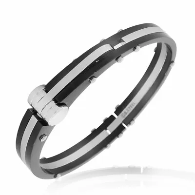 Stainless Steel Silver-Tone Black Two-Tone Handcuff Mens Bracelet • $29.99