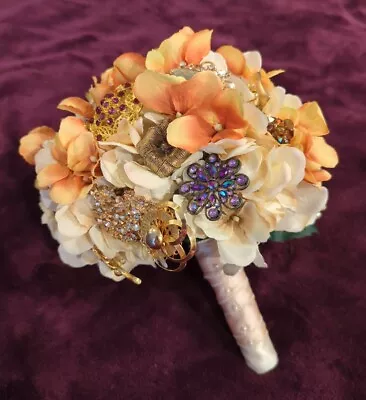 Orange And Ivory Vintage Broach Wedding Bouquet Flowers Purple And Fall Theme • $89.95