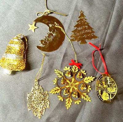 Lot Of 6 Vintage Fancy Brass & Gold Tone Christmas Ornaments Metal & Sequins • $20