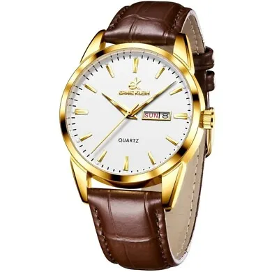 Men's Luxury Water Resistant Watch With Leather Strap Brown White Gold Quartz UK • £14.99