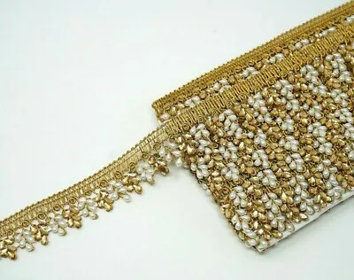 £4.94 • Buy 1M/2.5 Cm Wide Metallic Beads,Studs Zari Lace Trim Edging Border Sew On Embelish
