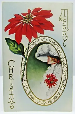 £5.31 • Buy Postcard~Merry Christmas~Poinsettias Edwardian Women  Ostrich Feather Hat Boa