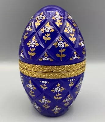 Blue Opaline Cut Glass Egg Box Casket Enameled Gilt Bronze Mount French Murano • $700