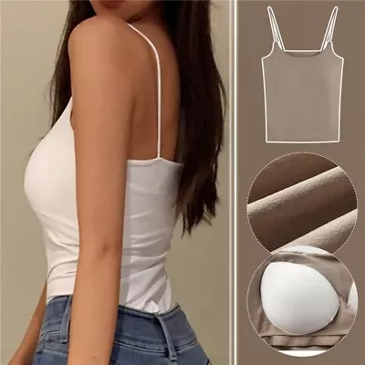 UK Womens Camisole With Built In Shelf Bra Spaghetti Strap Vest Padded Tank Tops • £6.57