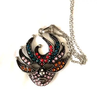 Women's Mask Pendant Necklace Multicolor Crystals Mardi Gras Carnival Masquerade • $8.75