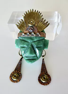 Maya Style Mexican Brass Copper Green Onyx Warrior Headdress Pin Brooch Pendant • $49