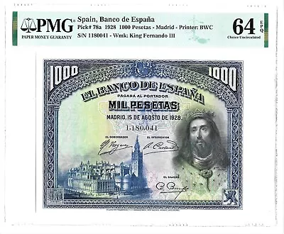 Spain: Banco De Espana 1000 Pesetas 15.8.1928 Pick 78a PMG Choice Unc. 64 EPQ. • £184.08