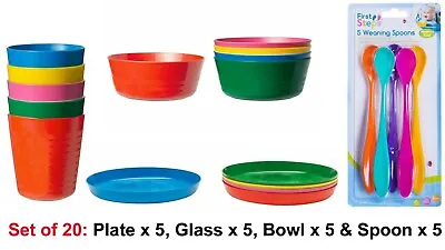 Children's Kids Plastic Plate Cups Bowls Cutlery Set GLASS Dishwasher Microwave • £6.99