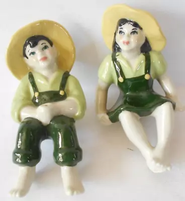 Ceramic Arts Studio Green Fisher Boy & Girl Shelf Sitter No Fishing Pole • $24