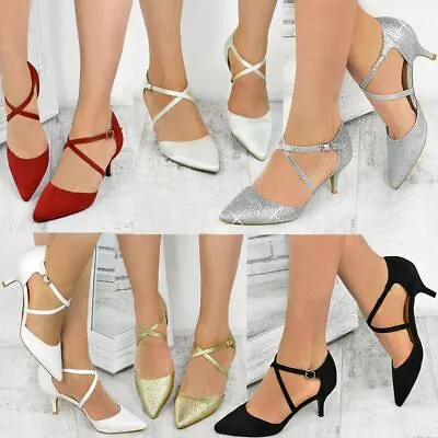 £19.99 • Buy Womens Ladies Low Kitten Heel Party Prom Strappy Court Shoes Bridal Sandals Size