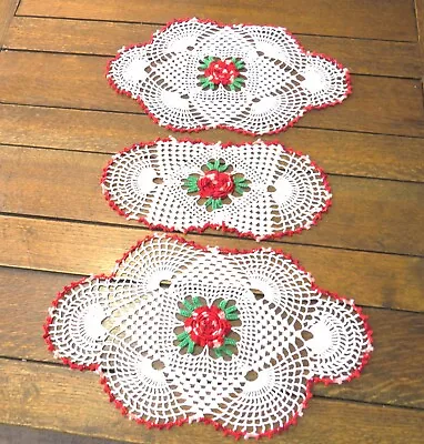 Set Of 3 Vintage Hand Crocheted Oval Doilies White Red 3D Rose & Trim #38 • $17.99