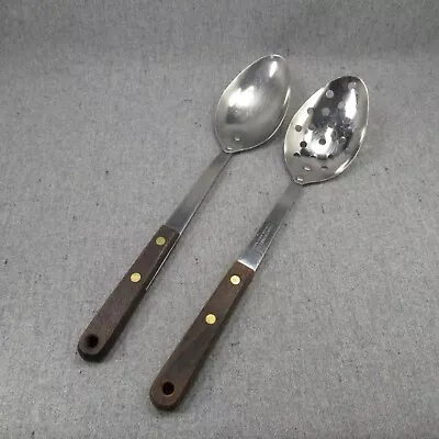 Set Of  2 Robinson Spoons Serving Slotted Stainless USA Wood Handle 12  Vintage • $29.38