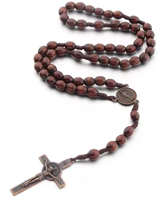 Wooden Cross Pendant Necklace - Wood Beads Cross Religion Necklace For Women Men • $11.36