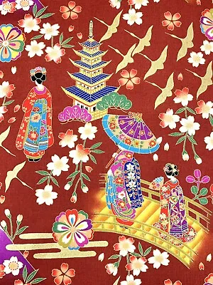 £5.20 • Buy Geisha Japanese  Fabric, Red Gold, Geiko Oriental Chinese Asian Cotton