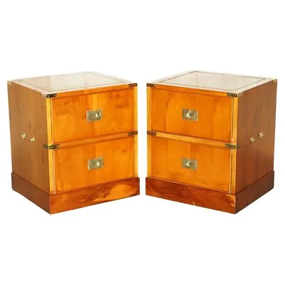 Lovely Pair Of Burr Yew Wood Green Leather Military Campaign Nightstand Drawers • $2424.53