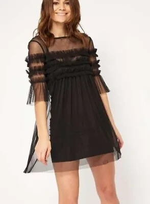 Miss Selfridge Black Petite Mesh Overlay Dress UK 8 SA7 DD 02 • £29.99