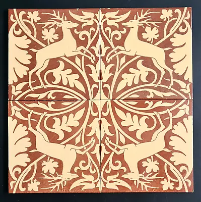 Set Of Four Antique Mintons Stags Block Printed Tile Medieval Style C1891 • £345