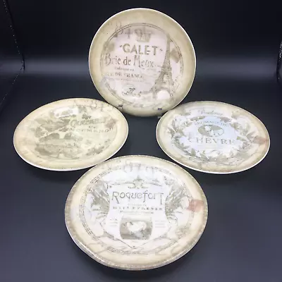 222 Fifth French Vintage Appetizer Plates Tan/Cream Wine & Cheese Label Set Of 4 • $19.97