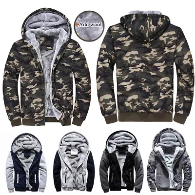 Men Camo Army Fur Lined Military Camouflage Zip Hoodie Hooded Jacket Top Warm . • $28.25