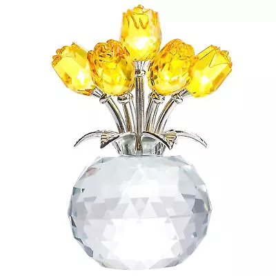 Handmade Crystal Yellow Rose Flower Figurine With Round Vase Romantic Rose G... • $48.34