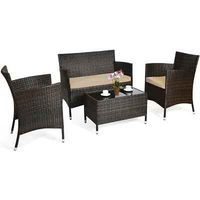 4 PC Patio Rattan Sofa Set Outdoor Loveseat PE Cushioned Couch Wicker Furniture • $189.99