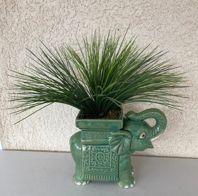 $39.99 • Buy LARGE 12  VTG Ceramic Elephant Planter Pot Trunk Up W Bonus Artificial Plant