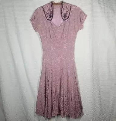 Vtg 40s Lace Dress Beaded Mauve Pink M Full Skirt Lined Tattered Fair Rare Pinup • $69