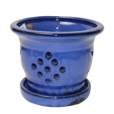 Orchid Pot Planter Pottery Air Holes Attached Saucer Ceramic Deep Blue Round 6  • $26.24
