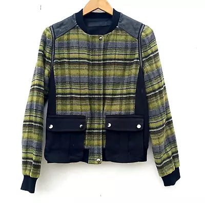 L.A.M.B Gwen Stefani Jacket Vest Sz.6 Fleece Plaid Leather Black/Green Zip-Up • $39.96