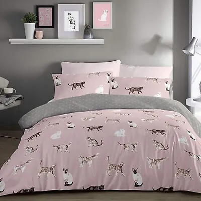 £18.99 • Buy Cats Duvet Cover Reversible Polka Dots Bedding Set Blush 