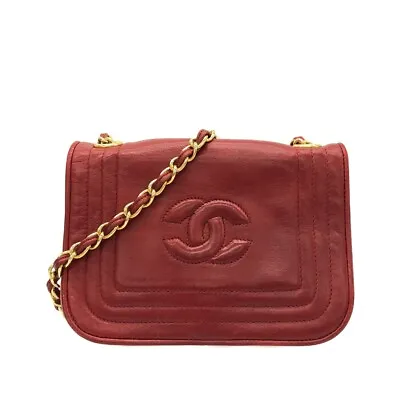 Auth CHANEL - Red Leather Shoulder Bag Gold Hardware • $702